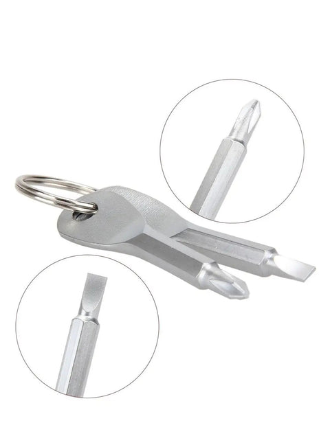 Two Pack Mini Key Shape Screwdriver Set With Flathead And Phillips Bits, Stainless Steel Key Chain Tools, close-up of tools