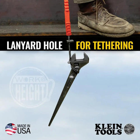 Extra Wide Adjustable Wrench for Heavy Nuts and Bolts by Klein Tools, 10 Inch Spud Wrench With Tether Hole in use