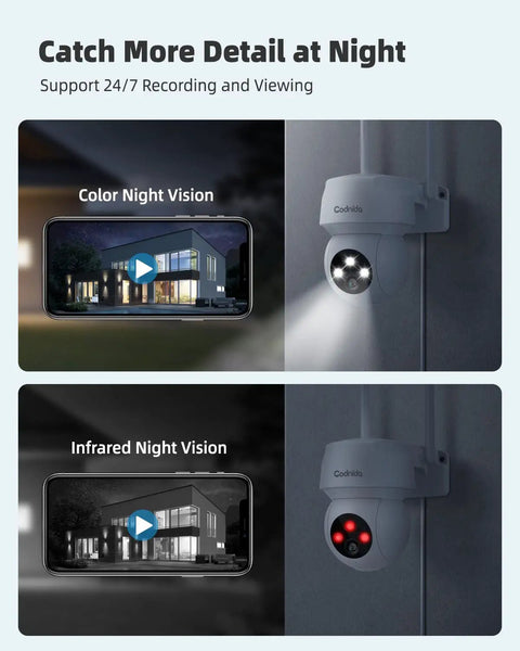 Outdoor PTZ Security Camera With 360 View, 2K Pan Tilt Dome Surveillance showing color and infrared night vision on mobile app