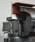 Close-up of Heavy Duty 6 Inch Bench Vise With 36 Degree Swivel Base Hardened Serrated Jaws Built In Anvil And 6 Inch Jaw Opening