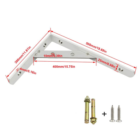 Badass Rock Solid Stainless Steel Shelf Brackets Heavy Duty Corner Braces For Floating Shelves Wall Mounted Garage Or Home Quick Install Smooth Brushed Finish Takes All The Weight Up To 440 Lbs Pair with measurements and mounting hardware.