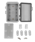 Heavy Duty ABS Electrical Enclosure Box With IP67 Waterproof Rating For 100x150x90mm includes hinged cover, mounting plate, and brackets.