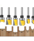 Six Piece 1 Quarter Inch Shank Grooving Router Bit Set with Bearings for edge mortising, flush trim, bowl, tray, and V groove template visible.