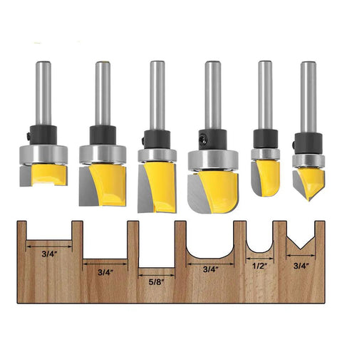Six Piece 1 Quarter Inch Shank Grooving Router Bit Set with Bearings for edge mortising, flush trim, bowl, tray, and V groove template visible.