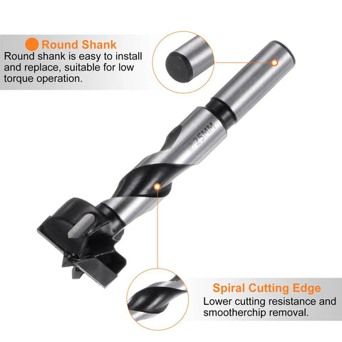 Bad Boy 25 Millimeter Forstner Drill Bit showing round shank and spiral cutting edge for precision wood cutting.