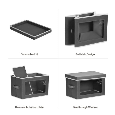 Dark Grey 3 Pack Fabric Storage Bins With Lid And Peek Window Collapsible Closet Organizers showing removable lid and foldable design.