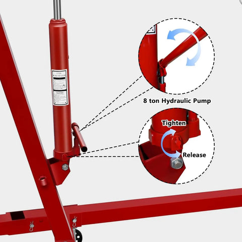 Detail of 8 ton Hydraulic Pump on Heavy Duty Engine Hoist Leveler And Foldable Hydraulic Cherry Picker Crane for lifting engines.
