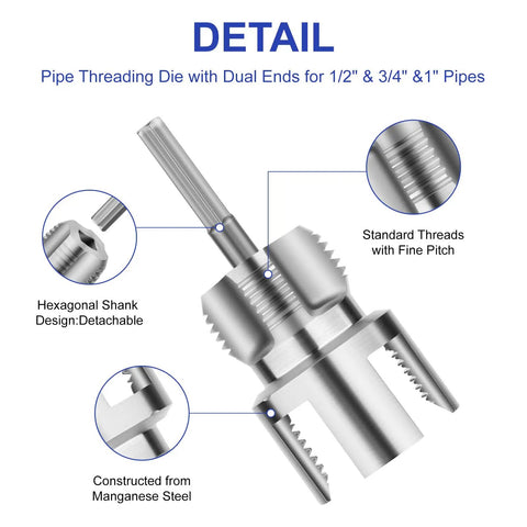 Dual Function PVC Pipe Threader Kit With Internal And External Threading For One Half Inch, Three Quarter Inch, And One Inch PVC Pipes, Drill Compatible With Most Electric Drills, Durable Silver Finish. Close-up of threading die with hexagonal shank and thread detail.