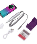 Badass Cordless Electric Nail Drill Machine Packing 30000 Rpm Power And A Massive 2600Mah Battery With Six Interchangeable Grinding Heads, featuring drill, grinding heads, and USB cable.