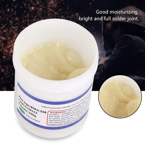 RMA 218 Flux Paste For BGA Reballing And Soldering container showing smooth, creamy texture. Pro grade solder paste.