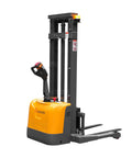 Heavy Duty Electric Pallet Stacker With 3300 Lb Capacity And One Hundred Thirty Inch Lift Height showing compact design and adjustable straddle legs.