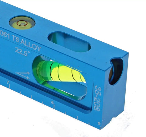 Close-up of Electrician Level With CNC Machined Aluminum Body Five Acrylic Vials Magnetic Jaw For Tight Spaces And Conduit Installations Pro Grade Alignment Tool Kit