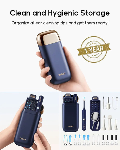 Earsight Plus D39R Ear Wax Removal Tool Camera Kit with accessories and 1-year warranty case shown with contents displayed.
