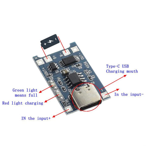 Hella Reliable Tp4056 Type C Usb Charging Module For 18650 Lithium Cells Smart Electric Circuit Board, close-up view showing Type-C USB port and LED indicators.