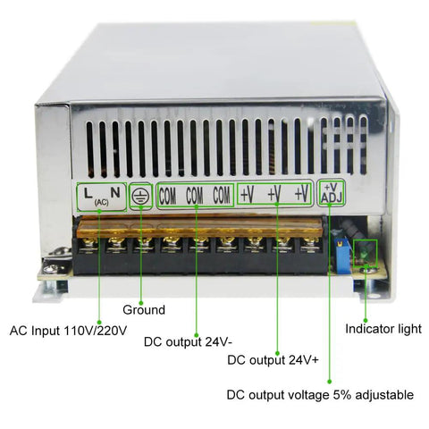 Beefy 24V 25A 600W Power Supply Adapter SMPS Switch Mode DC Converter rear view showing AC input and DC output connectors.