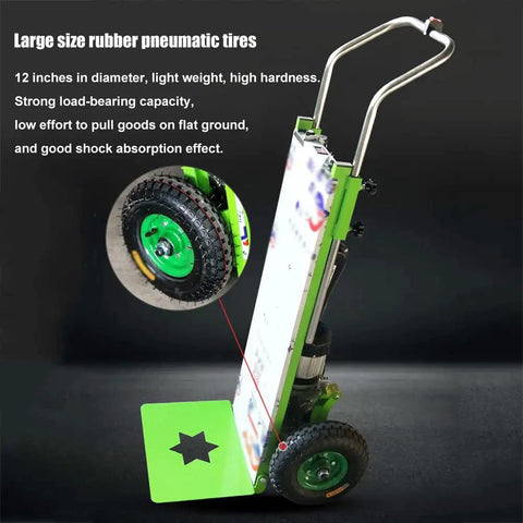 Super Awesome Heavy Duty Electric Stair Climber Cart For Moving Heavy Stuff With 150Kg Load Capability And Brushless Motor Makes Up And Down Stairs Easy And Stress Free Plus Removable Battery Power, featuring large 12-inch rubber pneumatic tires.