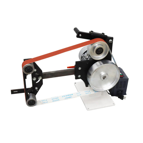 Heavy Duty 71 Inch Desktop Belt Sander Workhorse Featuring A Rock Solid 2200W Motor With Stepless Speed Control and grinding belt exposed from side view.