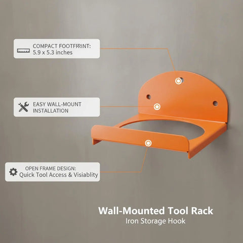 Wall Mounted Tool Rack For Garage And Workshop, Heavy Duty Vertical Iron Organizer with compact orange metal design.