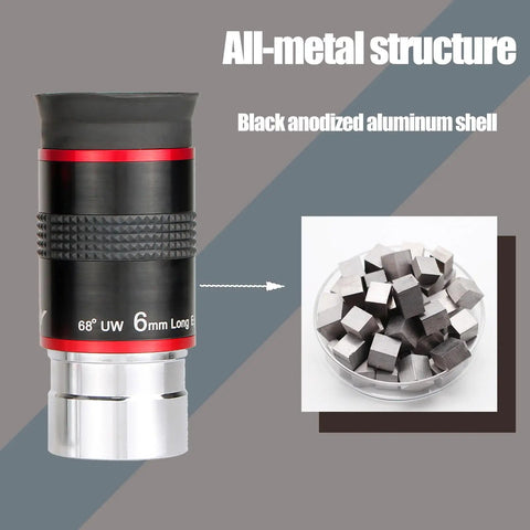 Six Millimeter Telescope Eyepiece With Ultra Wide 68 Degree Field Of View For Easy Target Grab And Smooth Tracking, High Magnification, Low Distortion, Quick Centering For Backyard Stargazing, black anodized aluminum