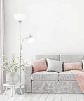 Mother Daughter Floor Lamp With Reading Light In Silver Finish Dual Lamp Setup With White Shades Three Way Main Light And 60W Reading Light Great For Living Room Bedroom Office Or Dorm next to a modern sofa in a bright room