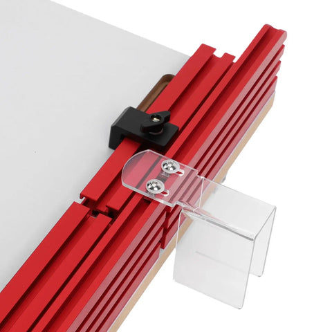 Top view of Dead Nuts Accurate Table Saw Crosscut Sled with adjustable aluminum track fence and clear stop block.