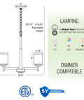 Diagram of Modern Farmhouse 19 Inch 5 Light Chandelier In Brushed Nickel Finish With Frosted White Linen Glass Shades showing dimensions