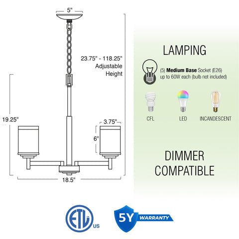 Diagram of Modern Farmhouse 19 Inch 5 Light Chandelier In Brushed Nickel Finish With Frosted White Linen Glass Shades showing dimensions