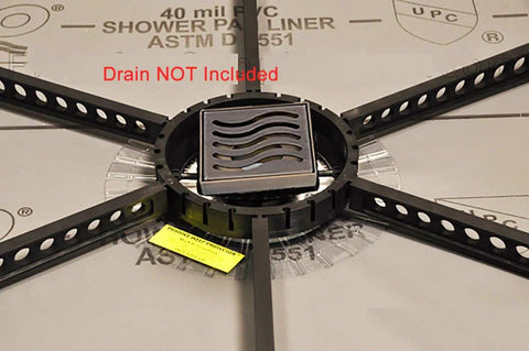 Shower Floor Slope Kit With Quick Pitch And Pre Pitch System, universal center drain ring, on PVC liner setup
