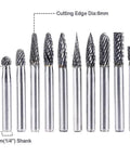Eyech 10pc tungsten carbide burr set with 1/4 inch shanks, double-cut rotary bits for steel, metal, wood