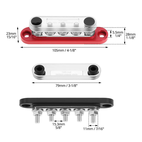 Top Shelf Mini Bus Bar Power Distribution Block 150A Tin Plated Copper 48V Dc 300V Ac Terminals dimensions and design