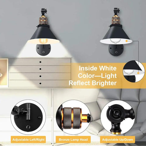 Plug In Wall Sconces Two Pack With Swing Arm, Dimmable Rotary Dimmer Switch, Black Metal Vintage Industrial Lighting For Bedside Or Reading Nook