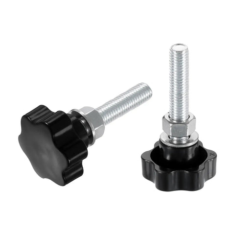 Black M12 Star Clamping Knobs With Nuts And Washers, Heavy Duty Zinc Plated Carbon Steel Thumb Screws close-up view.
