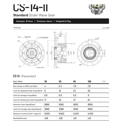 Technical diagram of CS 14 II Harmonic Drive CSF 14 II Strain Wave Gear Reducer with specifications for automation use.