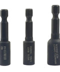 Rock Solid Three Piece Hanger Bolt Drivers For Threaded Rod Installation One Quarter Twenty Three Eighth Sixteen Five Sixteenth Eighteen Alloy Steel High Torque Rust Blocker Gloss Black Top Shelf Tool, showcasing three distinct sizes.
