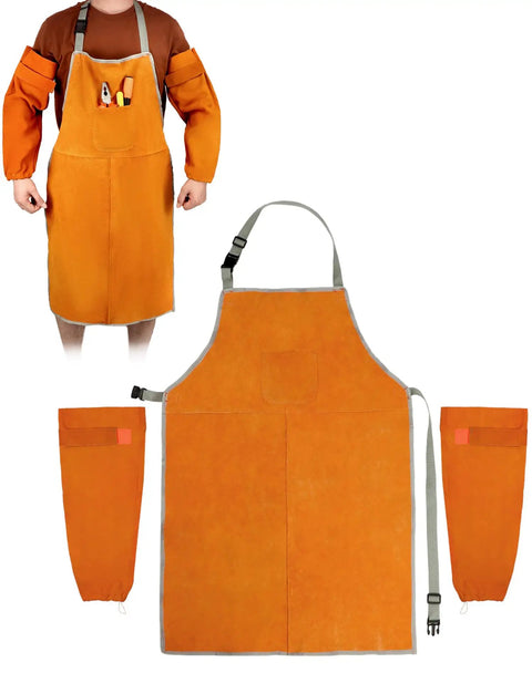 Welding Apron And Sleeves Set With Front Pockets For Heat And Flame Resistant Leather Shop Wear For Welders Blacksmiths