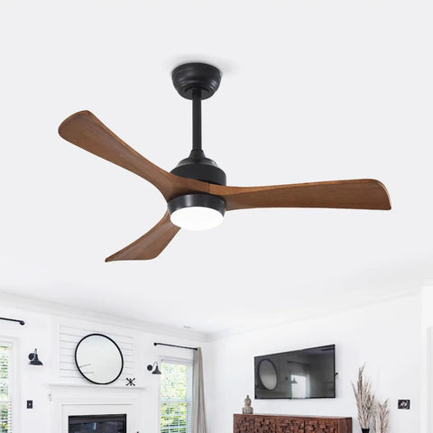 42" Solid Wood Blades Ceiling Fan with Lights in living room, featuring matte black and wood finish, enhancing indoor decor.