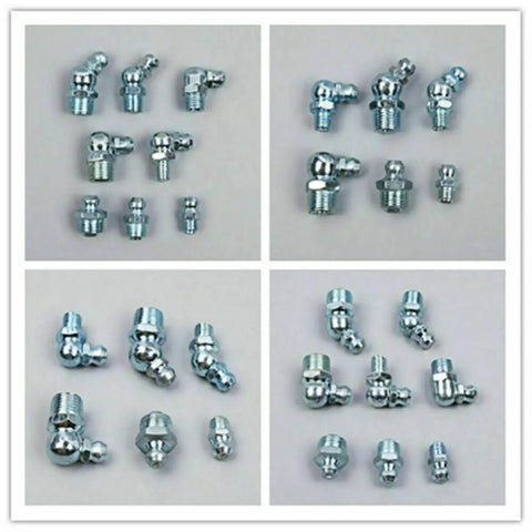 Cool 260 Piece Hydraulic Grease Fitting Replacement Kit With Galvanized Iron For M6 M8 M10 Straight And Angled Nipples Perfect For Mechanical Assemblies And Bearings assorted angled grease fittings on white background