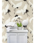 Premium Bird Pattern Large Scale Pvc Free Wallpaper featuring Hella Durable Matte Linen Texture on beige wall in bathroom setting.