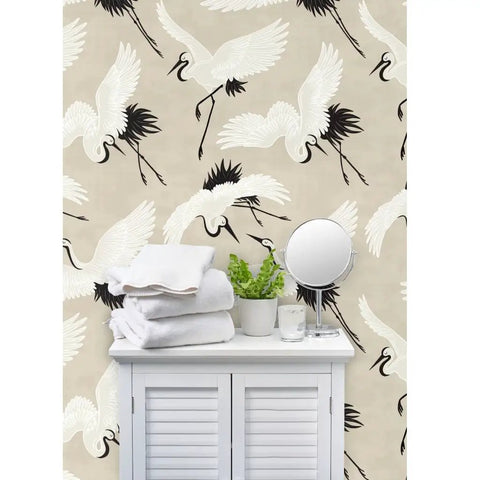 Premium Bird Pattern Large Scale Pvc Free Wallpaper featuring Hella Durable Matte Linen Texture on beige wall in bathroom setting.