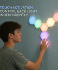 Teen interacting with Hexagon LED Sensory Lights For Teens 7 Pack With Touch Tap Control Remote Included Autism Friendly Wall Panels.