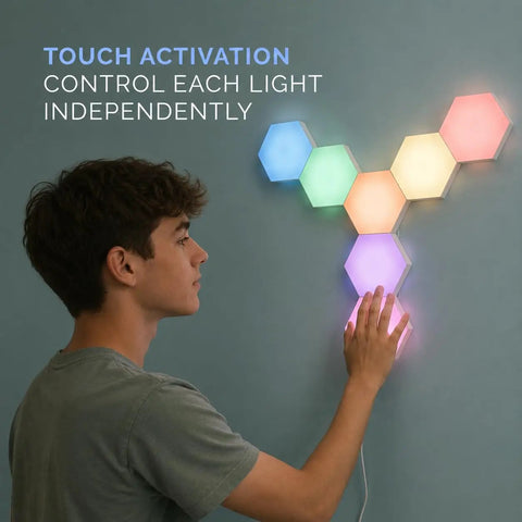 Teen interacting with Hexagon LED Sensory Lights For Teens 7 Pack With Touch Tap Control Remote Included Autism Friendly Wall Panels.