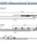 Dimensional drawing of Bottom Mount Soft Close Drawer Slides Full Extension Concealed Rails for Frameless Cabinets