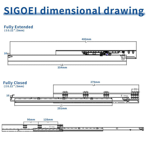 Dimensional drawing of Bottom Mount Soft Close Drawer Slides Full Extension Concealed Rails for Frameless Cabinets