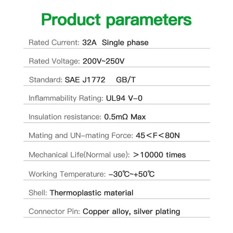 Product parameters of Type 1 To GBT EV Charger Adapter Supports 32 Amp 7 Point 4 Kw for Chinese Electric Vehicles.