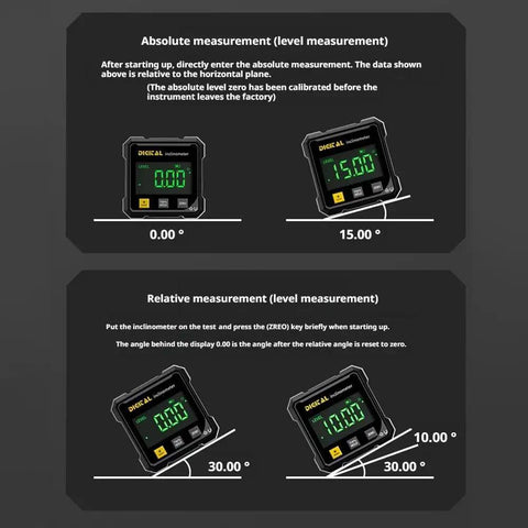 Digital Angle Finder With Laser And Four Side Magnetic Gauge For Woodworking, Cube Inclinometer, Table Saw Protractor, Precise Measuring Tool With LED Display For Quick Absolute And Relative Angles, Level Box For Hanging showing 0.00° and 15.00° angles