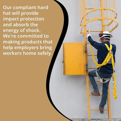 Worker wearing Kevlar Fiber Full Brim Hard Hat With 6 Point Ratchet Suspension climbing ladder, showing side view and safety gear.