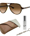 RB4125 Pilot Shape Non Polarized Sunglasses For Men With Included Eyewear Kit Ideal For Formal And Casual Wear, clear gradient brown lenses, case, spray, keychain