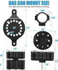 Diagram of Upgraded RX LOX PM Gas Can Pack Mount dimensions showing circular and rectangular components with measurements.