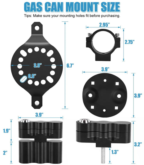 Diagram of Upgraded RX LOX PM Gas Can Pack Mount dimensions showing circular and rectangular components with measurements.