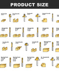 Diagram showing various sizes in Router Bit Set For Woodworking With One Quarter Inch Shank 35 Piece Kit Pro Grade Durable Steel Bits.